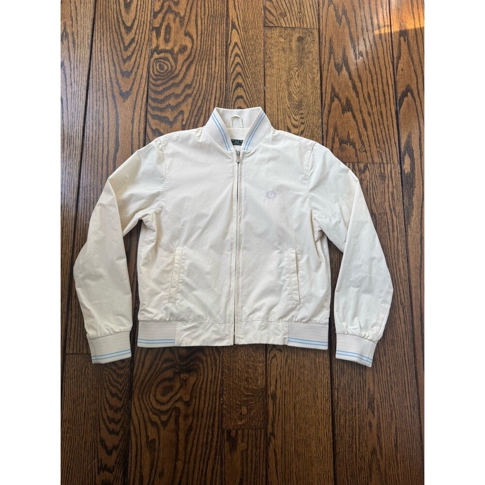 Fred Perry Women’s Jacket Size Medium Off White with Blue Trim Stripe Full Zip